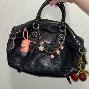 Coach Black Leather Satchel with Floral Charm